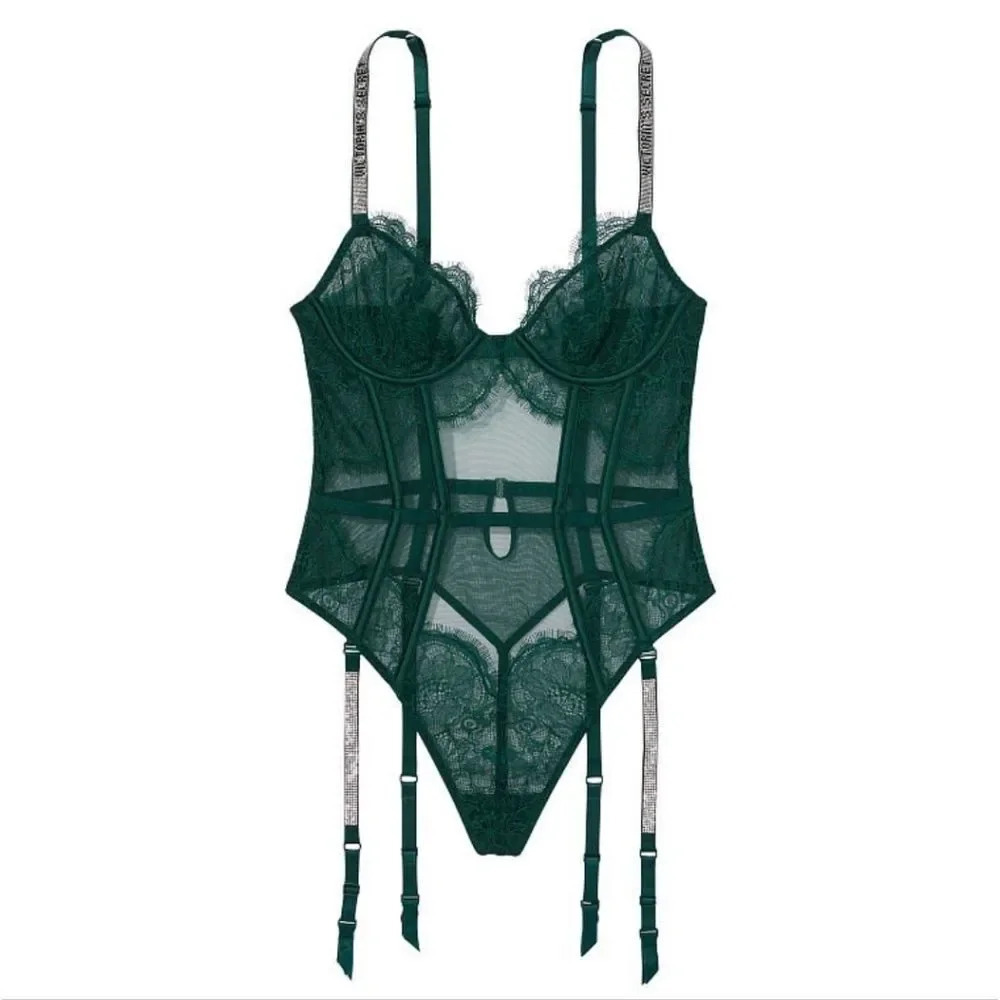 Victoria's Secret Green VERY SEXY Shine Strap Lace Teddy with Garters sz…